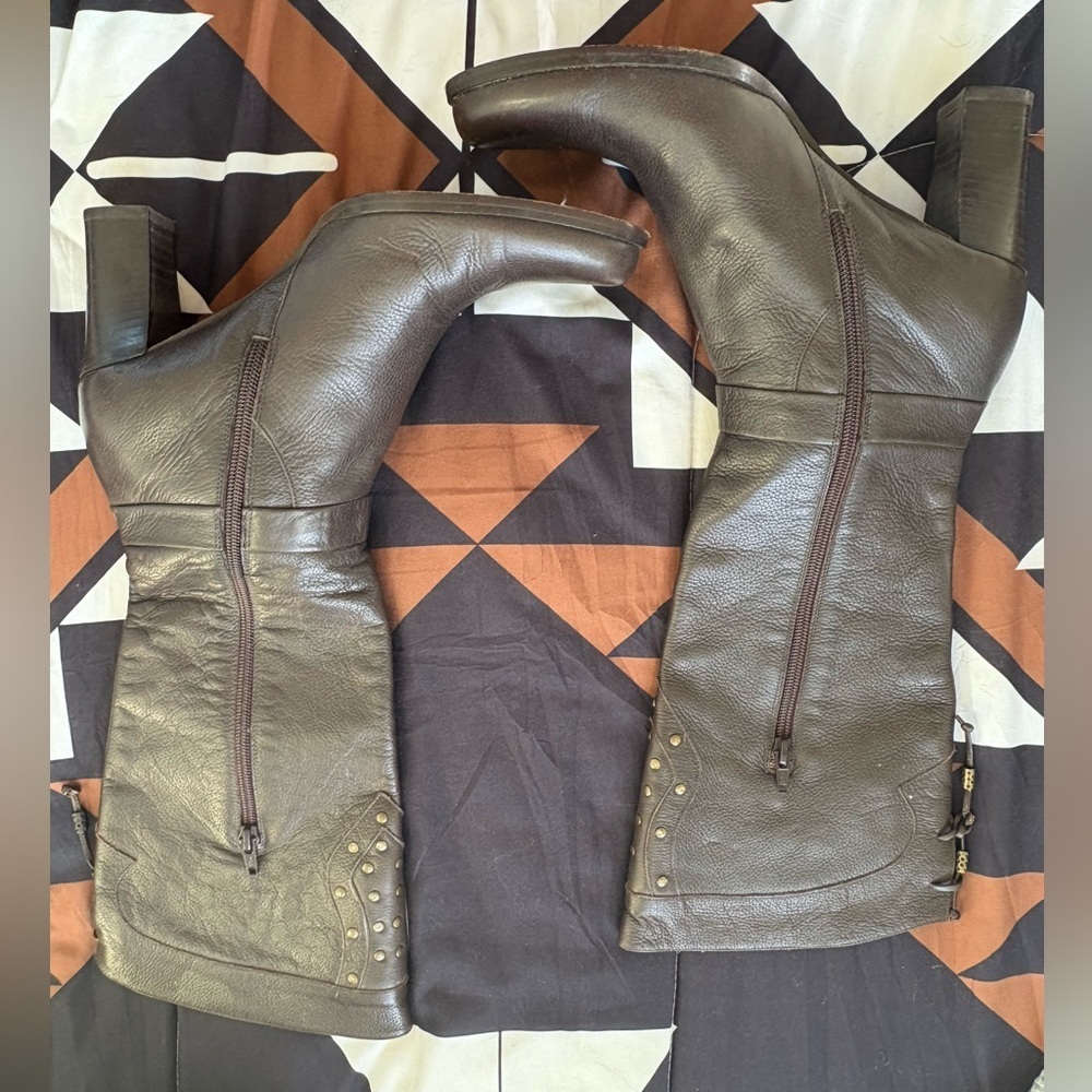 Via Spiga Chocolate Heeled Boots with Gold Studs - Picture 3 of 5